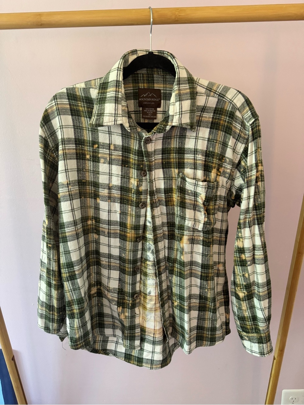 Women’s Upcycled Acid Wash Mandala Green Plaid Button-Down flannel